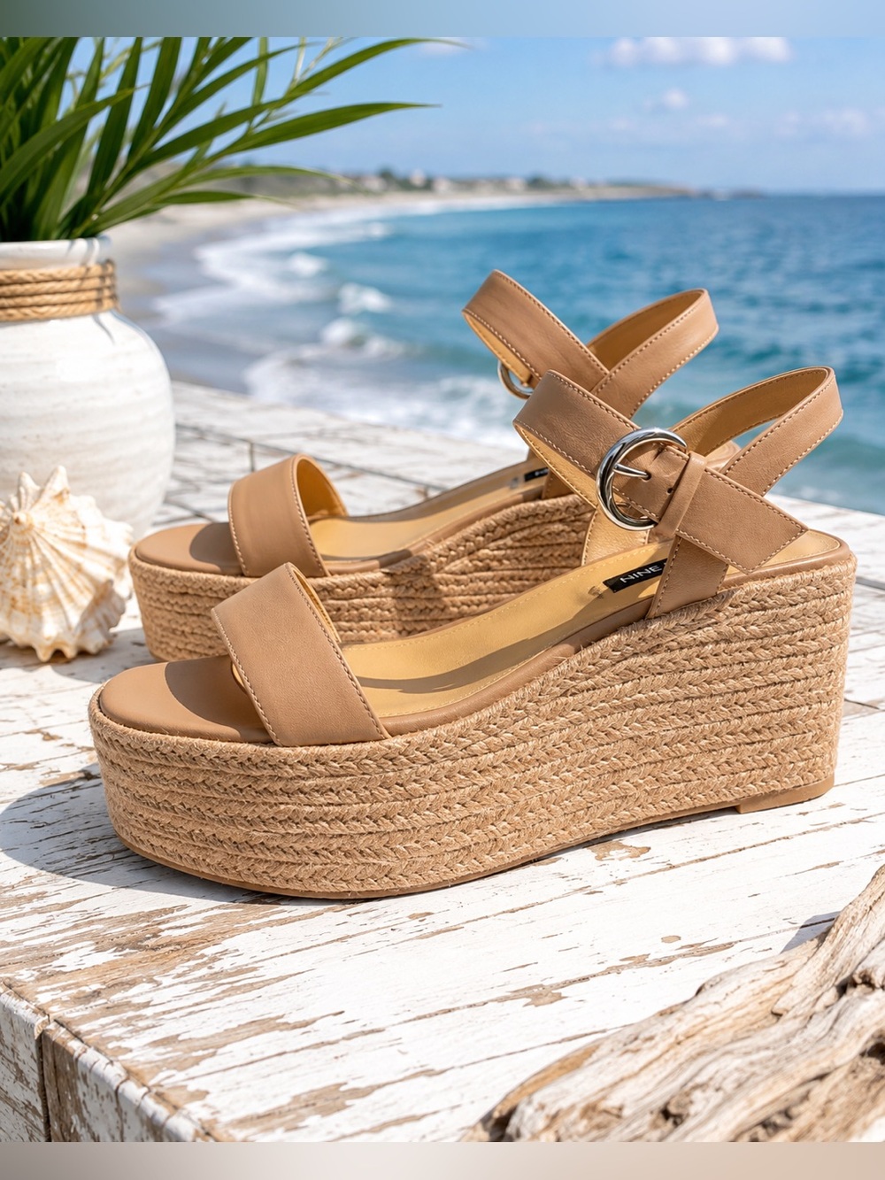 Nine West Nude Espadrille Platform Wedge Sandals 9.5 NWOB